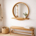Aypars Atölye 70x70 Cm Raflı Masif Kayın Ağacı Yuvarlak Ayna – İskandinav Tarzı Antre Ve Banyo Aynası (meşe)