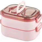 AyrStore Vagonlife Bento 1000ML Lunchbox Çift Katlı 3 Bölmeli Çelik Sefer Tası Yemek Kutusu (Pembe)
