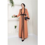 Ayşe Melek Kadın Giyim Abiye Moda Aplike Detaylı Uzun 2 Parça Tesettür Takım Bisküvi