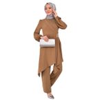 ayşe melek Kadın Giyim Abiye Moda Asimetrik Taşlı Tesettür Tunik Pantolon Kombin 2527 (Kahverengi, 52)