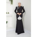 Ayşe Melek Kadın Giyim Abiye Moda Pul Detaylı Balık Abiye Elbise Siyah