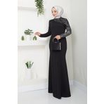 Ayşe Melek Kadın Giyim Abiye Moda Pullu Balık Uzun Tesettür Abiye Elbise Siyah