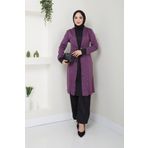 Ayşe Melek Kadın Giyim Abiye Moda Tunik Pantolon Ikili Tesettür Takım Lila-siyah
