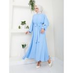 Ayşe Melek Tasarım Beli Lastikli Kuşaklı Elbise 2590 - Bebe Mavisi - 46