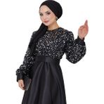 Ayşe Melek Tasarım Kadın Giyim Abiye Moda Pul Detaylı Saten Abiye 2537 - 36 - Siyah - Gümüş