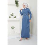 Ayşe Melek Tasarım Kemeri Taşlı Asimetrik Abiye Kalem Tesettür Elbise 2580 - 36 - Mavi