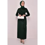 Ayşe Melek Tasarım Kemeri Taşlı Asimetrik Abiye Kalem Tesettür Elbise 2580 - 52 - Yeşil