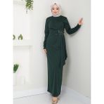 Ayşe Melek Tasarım Kemeri Taşlı Asimetrik Abiye Kalem Tesettür Elbise 2580 - Yeşil - 44
