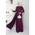 Ayşe Melek Tasarım Pul Payet Pelerinli Tesettür Balık Abiye Elbise 2711 - Mürdüm - 38