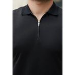 Ayşegul Hediyelik Erkek Deri Panel Detaylı Fermuar Yakalı Kısa Kollu Tişört - Siyah - 2XL