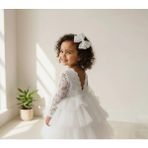 Aysskids Lora Kalp Detaylı Tokalı Tül Etekli Özel Gün Bayramlık Kız Çocuk Elbise - 3 Yaş - Beyaz