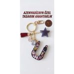 Azenya Dizayn Özel Tasarım Anahtarlık, Reçine Harf, Çiçekli, Ponpon ve Yıldız Charm, Altın Rengi Metal