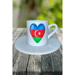 Azerbaycan Ülke Bayrağı Bayrak Baskılı Türk Kahvesi Fincanı Tabaklı Kişiye Özel Model 1