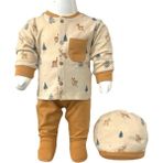 Aziz Bebe Unisex Geyik Desenli Hırka Pantolon Bere 3 'lü Alt Üst Bebek Takımı 0 Ay - 6 Ay - Yenidoğan - Kahve