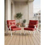 Azra Mobilya Kırmızı Venedik Model 2 Adet Balkon Berjer Takımı Beyaz Metal Iskelet Deri Kumaş Modern Bahçe Teras Koltuğu