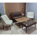 Azra Mobilya Milano Çay Seti Koltuk Takımı - Ofis Takımı - Deri Kumaş - 2+1+1+Bench+Sehpa | Krem Acı Kahve - Krem - Kahverengi