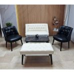 Azra Mobilya Milano Çay Seti Koltuk Takımı - Ofis Takımı - Deri Kumaş - 2+1+1+Bench+Sehpa | Krem Siyah - Krem - Siyah