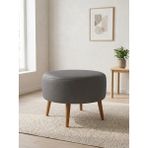 Azra Mobilya Modern Gri Deri Puf Yuvarlak Oturma Pufu Ahşap Ceviz Ayaklı Demonte 60X46 cm - 60 cm çap