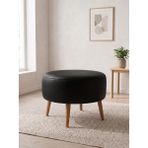Azra Mobilya Modern Siyah Deri Puf Yuvarlak Oturma Pufu Ahşap Ceviz Ayaklı Demonte 60X46 cm - 60 cm çap