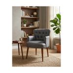 Azra Mobilya Roma Berjer Ofis ve Bekleme Alanı için Kapitone Detaylı Suni Deri Gri Koltuk, 60x55x48 cm, Ceviz Ahşap Ayaklı