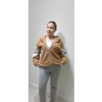 Azra Moda Style Oversize Fermuarlı Kol Detay Camel Renk Kapüşonlu Cepsiz Peluş Hırka Kadın