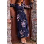 azra moda Uzun Sarı çiçekli Şifon Elbise - Lacivert