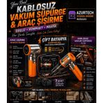 Azurtech 22000PA Kablosuz Araç Süpürgesi ve Lastik Şişirme Pompası | Çift Bataryalı 4’ü 1 Arada Mini Vakum - Siyah
