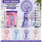 Azurtech AUFN21 Sevimli Karakterli Şarjlı El Fanı 300MAH Telefon Standlı Taşınabilir Mini Vantilatör Sessiz Fan - Mavi