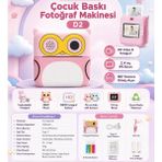 Azurtech D2 Çocuk Baskılı Fotoğraf Makinesi Hd Dijital Kamera 48MP 2.4” IPS Ekranlı - Pembe