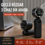 Azurtech Dijital Ekranlı Katlanabilir Şarjlı Mini El Vantilatörü – 5 Kademeli Güçlü Rüzgar, Masaüstü / Askılı / El Tipi Kullanım - Siyah