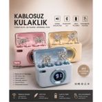 Azurtech Lüks Taş Detaylı Bluetooth 5.0 Kablosuz Kulaklık – Dokunmatik Kontrol & Dijital Göstergeli Şarj Kutusu - Krem