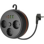 Azurtech Makaralı 3'lü 1.5 M Uzatma Kablosu Akım Korumalı Priz 3x USB 1x Type-C Giriş Duvar Askılı Priz - Siyah