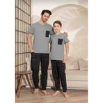 Baba Oğul Kombin Kısa Kollu Ekoseli Uzun Alt Penye Kumaş Orta Kalın V Yaka Pijama TAKIMI-3995 - Gri - 2XL