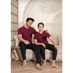 Baba Oğul Kombin Kısa Kollu Ekoseli Uzun Alt Penye Kumaş Orta Kalın V Yaka Pijama TAKIMI-3995