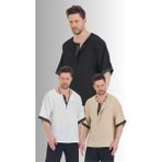 Babboss 3lü Yarım Düğmeli Etnik Desenli Keten Gömlek - Beyaz - Siyah - Bej