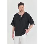Babboss Geniş Yaka Yarım Düğmeli Etnik Desenli Gömlek - 0 Siyah - 2XL