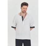 Babboss Geniş Yaka Yarım Düğmeli Etnik Desenli Gömlek - 001 - Beyaz