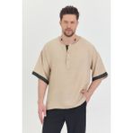 Babboss Geniş Yaka Yarım Düğmeli Etnik Desenli Gömlek - 113-Bej - XL