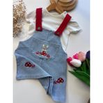 Babexi Tavşan ve Mantar Nakışlı %100 Pamuk Kısa Kol Tişörtlü Kot Jile Bebek Elbise - 6 - 9 Ay - Mavi