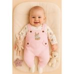 Baby Breeze Bebek Kız 3'lü Tulum Takımı Salopet Ve Çorap Seti Tavşan Desenli Badi Ayı Nakışlı Pamuklu 3-6-9 AY
