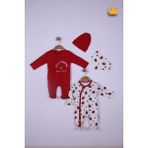 Baby Hola %100 Pamuk Çilekli 2'Li Tulum Önlük Bere 4'Lü Set 23611 - Kırmızı - 3 - 6 Ay