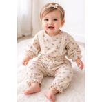 Baby Hola Dantel Detaylı Çiçek Desenli Müslin Kız Bebek Üst ve Pantolon Ikili Set Takım Babyhola 2009 - 9 - 12 Ay - Bej