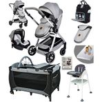 Baby Home 9 In 1 Full Takım Set 990 Travel Sistem Bebek Arabası 560 Oyun Parkı Yatak Beşik ve Mama Sandalyesi - Gri