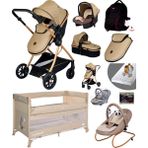 Baby Home Yeni Full Takım 10 In 1 1010 Travel Sistem Bebek Arabası Lorelli Anne Yanı Oyun Parkı Park Yatak Beşik ve Sallanır Ana Kucağı - Kahverengi - Gold