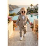 Baby Kids Colors Erkek Çocuk Flamlı Keten Salaş Ceketli Takım Elbise / Gömlek Pantolon Ceket Papyon Keten Takım(Ay Grubu Zıbınlı) - Kahverengi - 8 Yaş