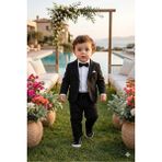 Baby Kids Colors Erkek Çocuk Flamlı Keten Salaş Ceketli Takım Elbise / Gömlek Pantolon Ceket Papyon Keten Takım(Ay Grubu Zıbınlı) - Siyah - 9 Yaş