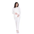 baby mom Anne Pijama Takımı Düğmeli Modelli Yaka Uzun Kol Reçme - Ekru