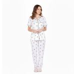 baby mom Anne Pijama Takımı Fiyonk Baskılı Çıtçıtlı Gömlek Yaka Kısa Kol Reçme - Ekru