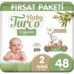 Baby Turco Doğadan 2 Numara Mini Bantlı Bebek Bezi 48 Adet 3 - 6 kg Ekstra Yumuşak