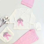 Baby Zuhu Kız Bebek Kraliçe Taç Taşlı 5li Hastane Çıkış Seti Yenidoğan Kıyafeti - Açık Pembe - Beyaz